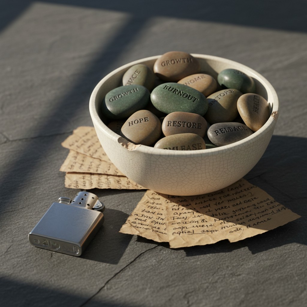 A bowl of stones with inspirational words, a lighter, and a piece of handwritten paper on a dark surface.