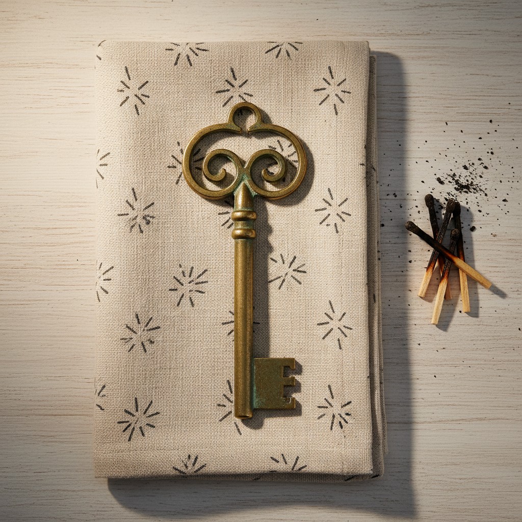 A large key lies on a canvas-covered book, with burnt matchsticks to the right, on a whitewashed wood tabletop. The canvas...